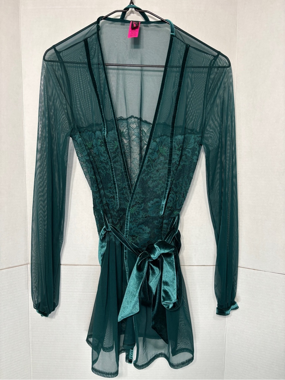 La SENZA Deep Teal Green Sheer Lace Short Robe Satin Tie Mesh Layer Sleepwear